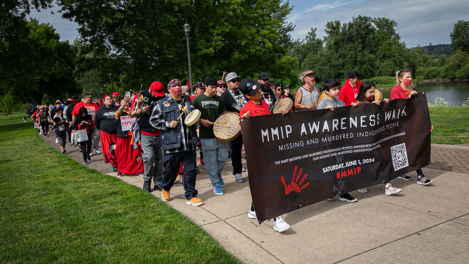 MMIP/MMIW activists do an awareness walk at Salem’s Riverfront Park on June 1, 2024. (Photo by Amanda Freeman.)
