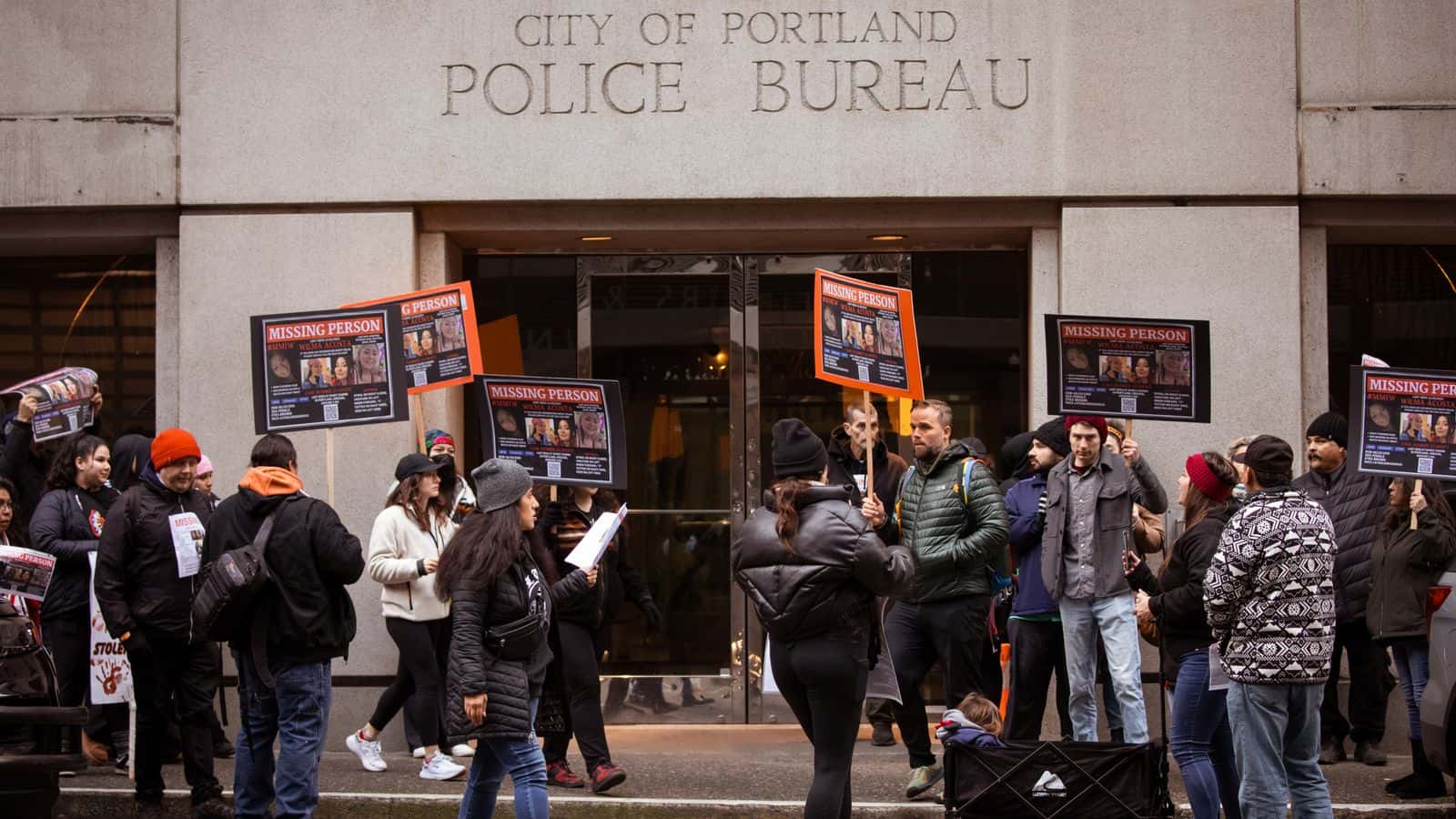 Protesters gathered in Portland, Oregon, in December 2023 to raise awareness about the disappearance of Wilma Acosta, a 28-year-old Pascua Yaqui woman. Her body was discovered in the Willamette River the following month. (Photo courtesy of Ampkwa Images)