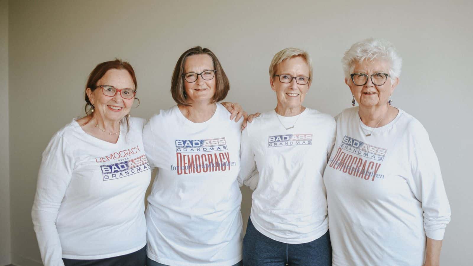  Sarah Vogel, from left, Kathy Tweeten, Ellen Chaffee and Dina Butcher founded the BadAss Grandmas for Democracy. (Photo by Leah Black Photography, @leablackco)
