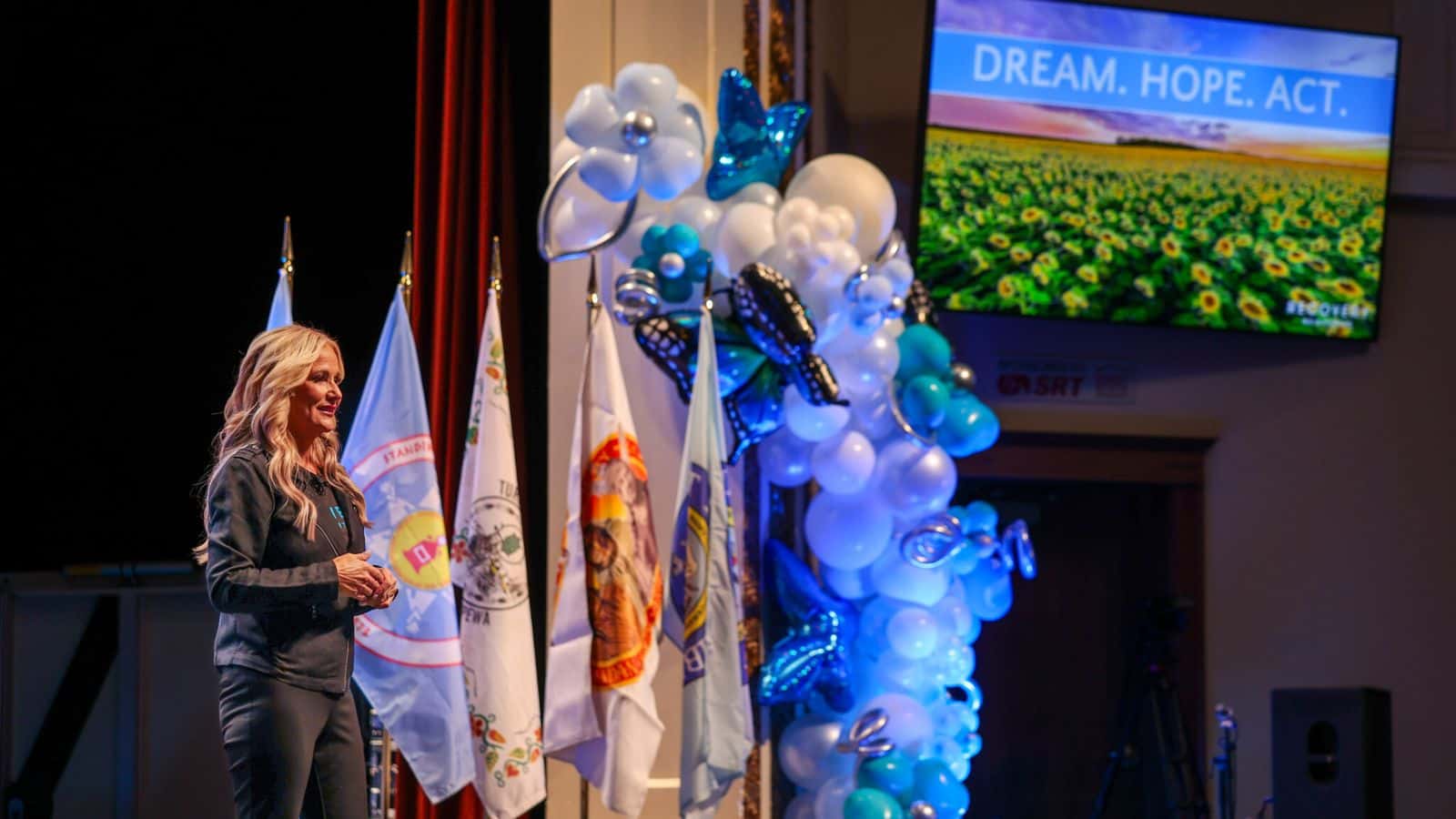  North Dakota first lady Kathryn Burgum speaks during the 2023 Recovery Reinvented event at Minot State University on Oct. 5, 2023. (Contributed/Office of the North Dakota Governor)