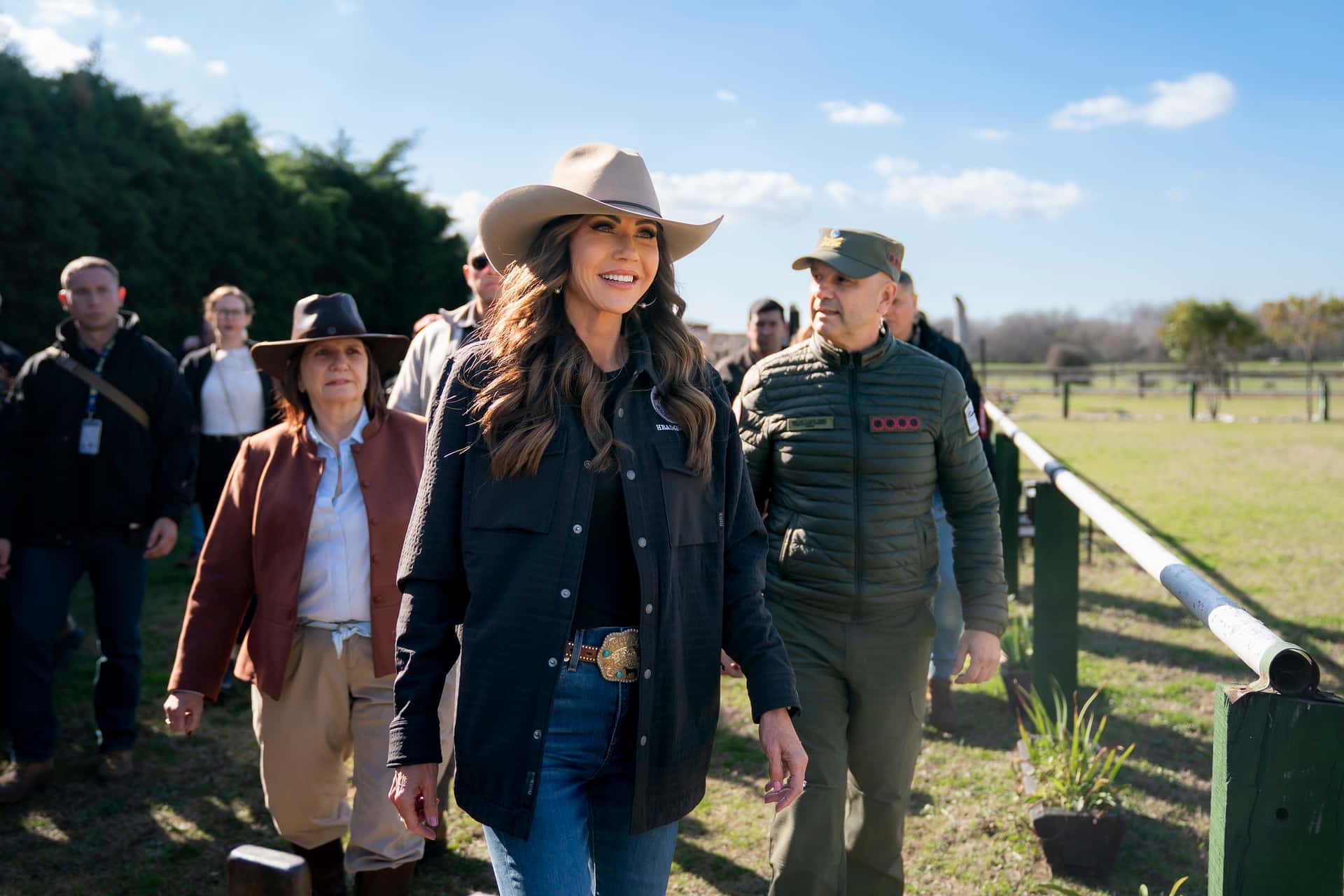 U.S. Department of Homeland Security Secretary Kristi Noem rides horses with the Minister of National Security of Argentina Patricia Bullrich at Campo de Mayo in Buenos Aires, Argentina.