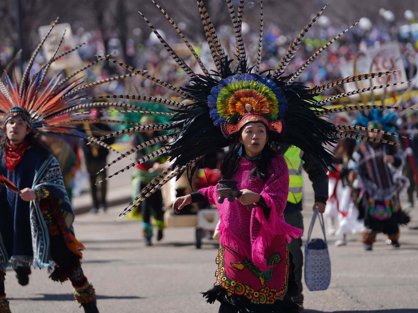 An Indigenous dance group from the Indigenous Roots Cultural Center joined the “No Kings” protest in song and dance through the streets of Saint Paul, convening at the Minnesota State Capitol.