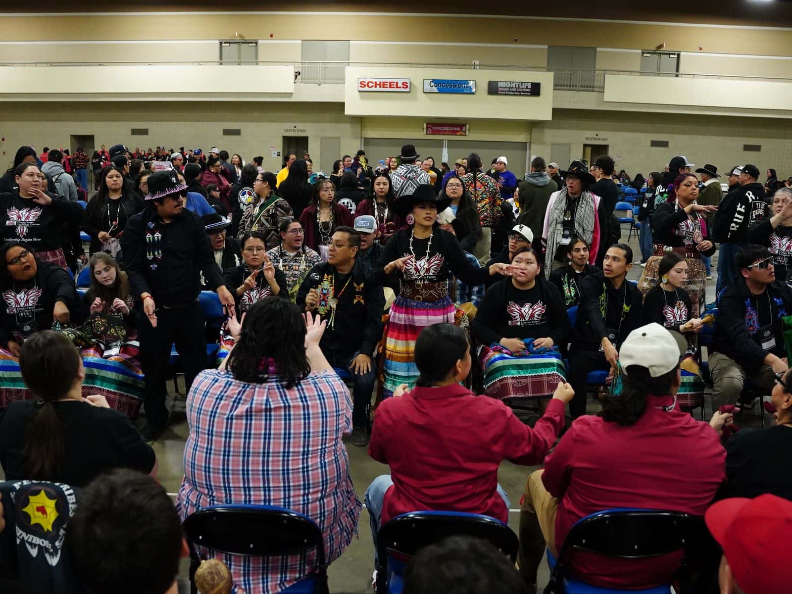 Zariah Whiteplume with UTTC’s hand game at AIHEC’s annual hand games tournament in Bismarck, North Dakota.