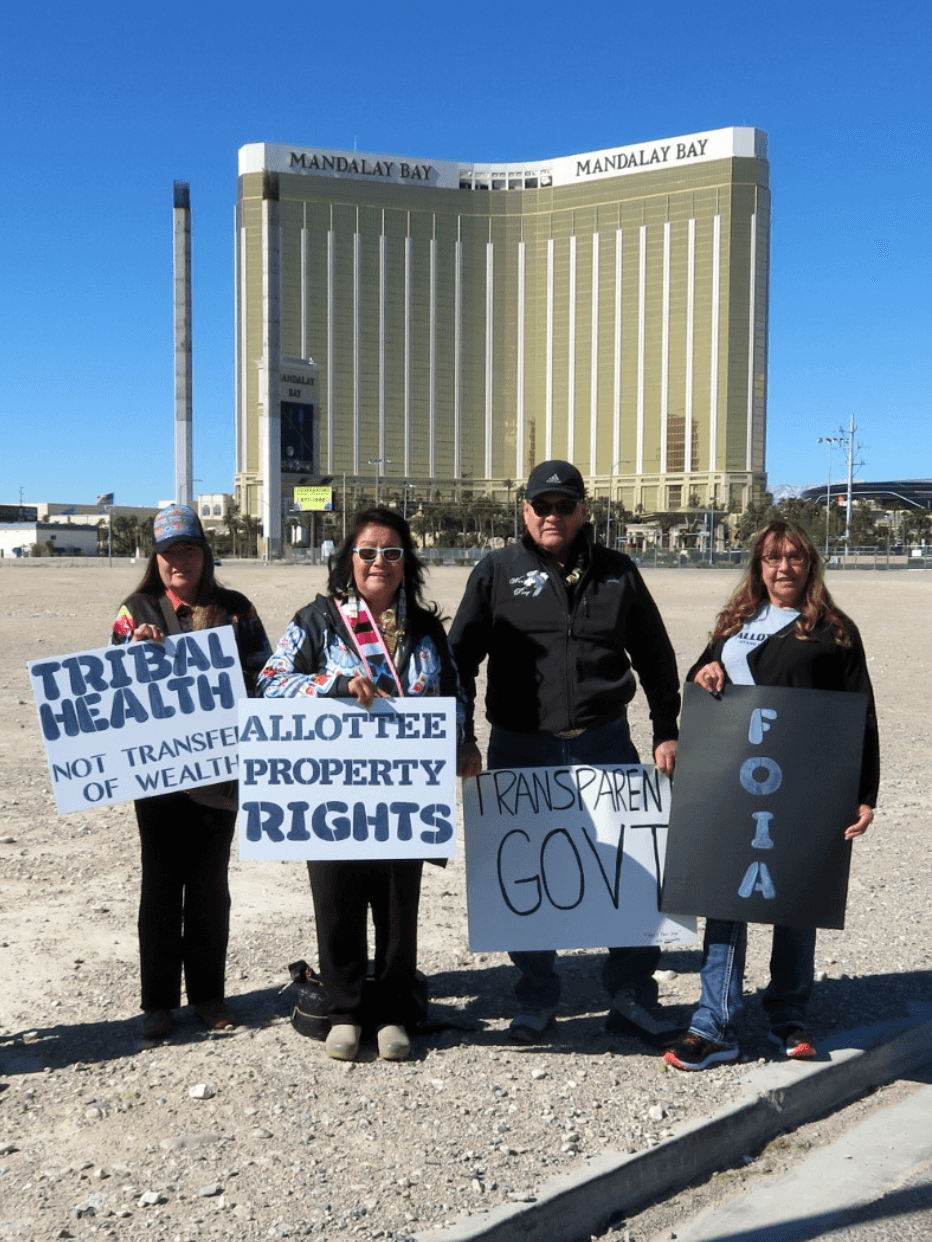 Mandan, Hidatsa and Arikara Nations citizens peacefully protest in July 2023 outside the MHA Nation’s $115 million property purchase near the Las Vegas strip. Patti Jo Hall (right) holds a Freedom of Information Act sign to call attention to decisions made by the Three Affiliated Tribes Tribal Business Council without input from tribal citizens.