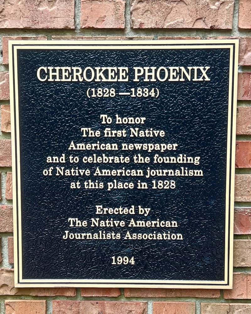 The Indigenous Journalists Association, formerly the Native American Journalists Association, dedicated a plaque, as seen here on June 4, 2023, in recognition of the first Native American newspaper published in 1837 at New Echota, Georgia.