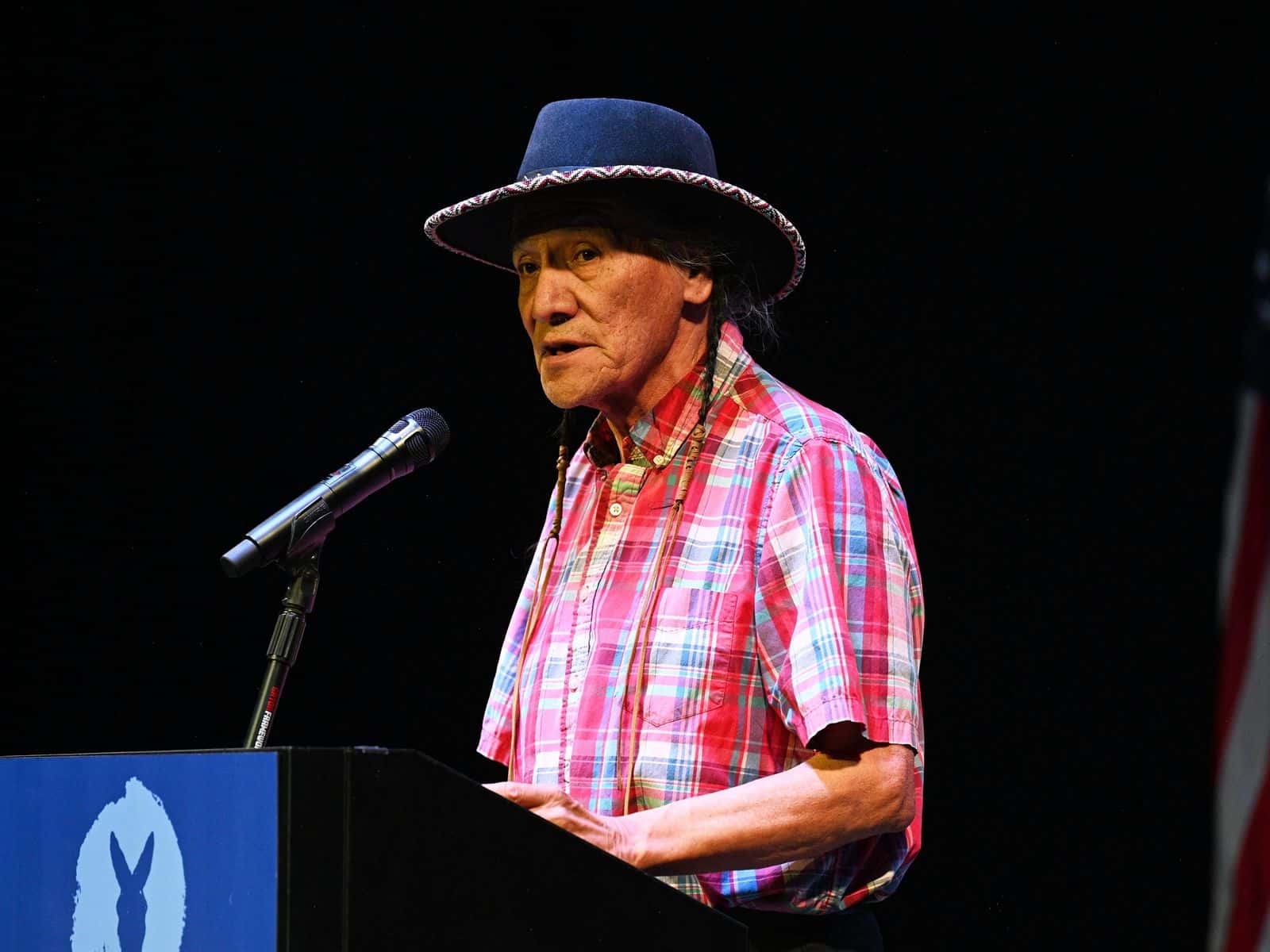 State Sen. Jonathan Windy Boy, then a Democratic candidate for U.S. House representing Montana's Eastern Congressional District, talks about his background and policy stances during the 48th annual Mansfield Metcalf Dinner on March 7, 2026, in Helena.