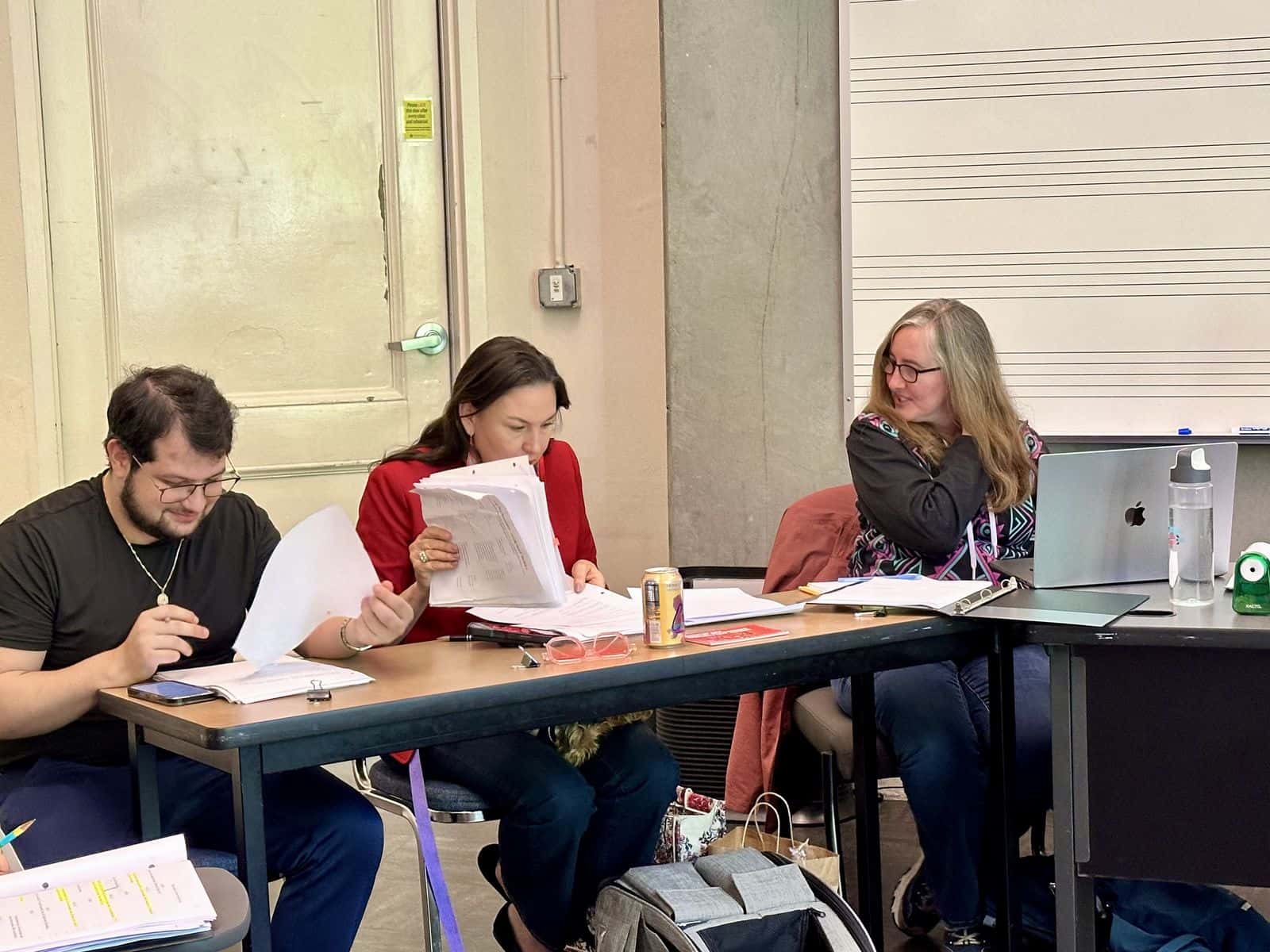 Jeanette Harrison (right) and DeLanna Studi (center) work with dramaturg Carlos-Zenen Trujillo (left) during an early rehearsal of Studi’s play “I is For Invisible,” Saturday, April 25, 2026. The play will be performed May 5 in Hillsboro, Oregon, as part of Native Performing Arts Network’s National Day of Theater Readings for Missing and Murdered Indigenous Women and Relatives.