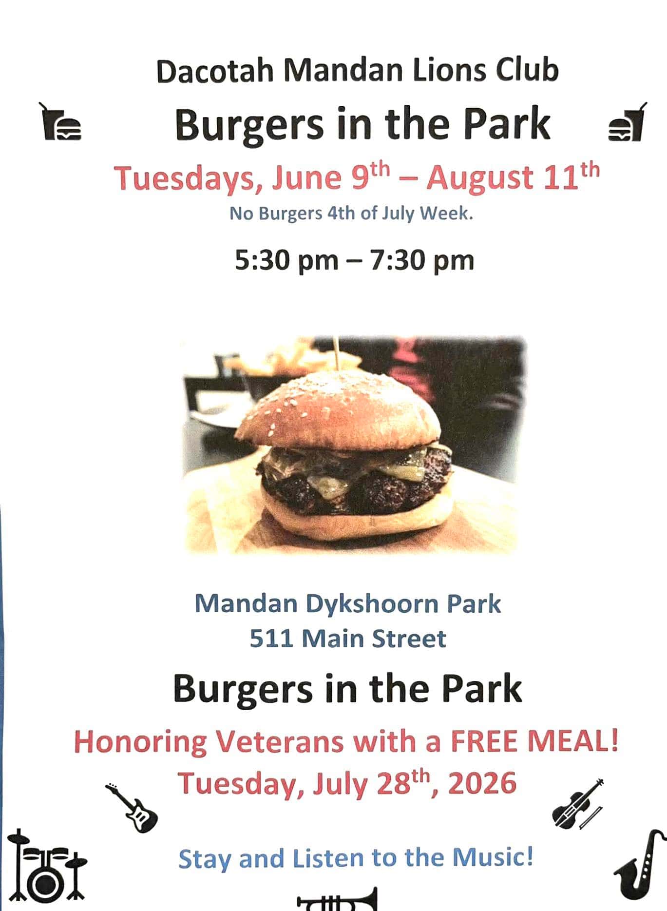 Dacotah Mandan Lions Club schedules Burgers in the Park series