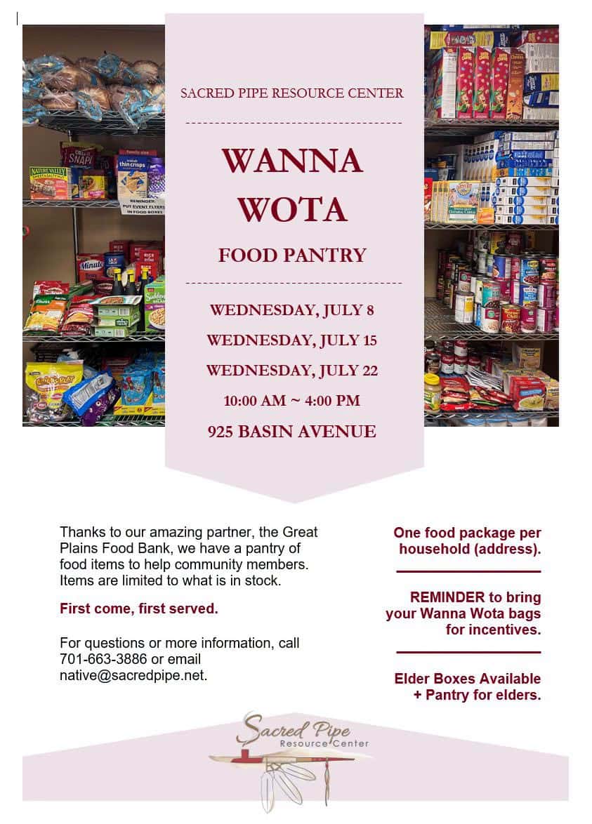 Sacred Pipe Resource Center announces July Wanna Wota Food Pantry dates