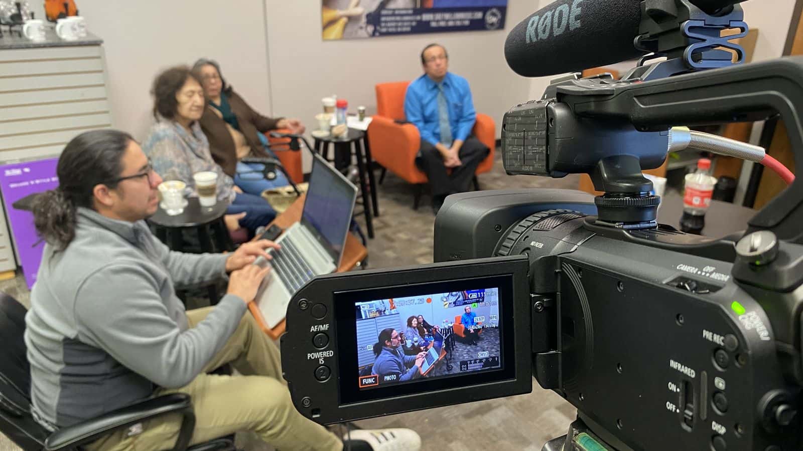 Ray Taken Alive, left, Grace Draskovic, Ruby Shoe String and Myron Uses Arrow translate 2012 "The Avengers" script from English to Lakota-Dakota. More than 60 people participated in Grey Willow Music & Production Studio collaboration with Disney+ Marvel Studios. PHOTO CREDIT/Lawrence Archambault