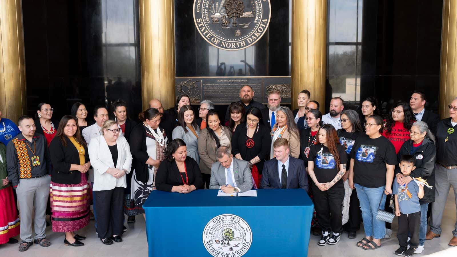 Governor Kelly Armstrong signs North Dakota’s House Bill 1199, which created a Missing and Murdered Indigenous Persons Task Force, May 1, 2025.  (Photo credit: North Dakota Governor’s Office)