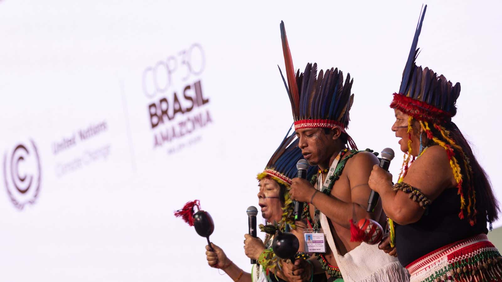 Indigenous dancers perform at the opening ceremony of COP30, the 30th Conference of the Parties, in Belém, Brazil, Monday, Nov. 10, 2025. (UN Climate Change/Kiara Worth)
