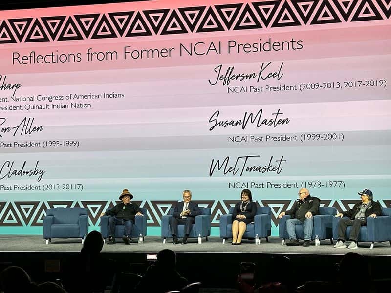Former National Congress of American Indians gather for a panel during the 80th annual NCAI convention. From left, Brian Cladoosby, Swinomish; Jefferson Keel, Chickasaw; Susan Masten, Yurok; Ron Allen, Jamestown S’Klallam; and Mel Tonasket, Colville. (Photo Courtesy of Eddie Sherman)