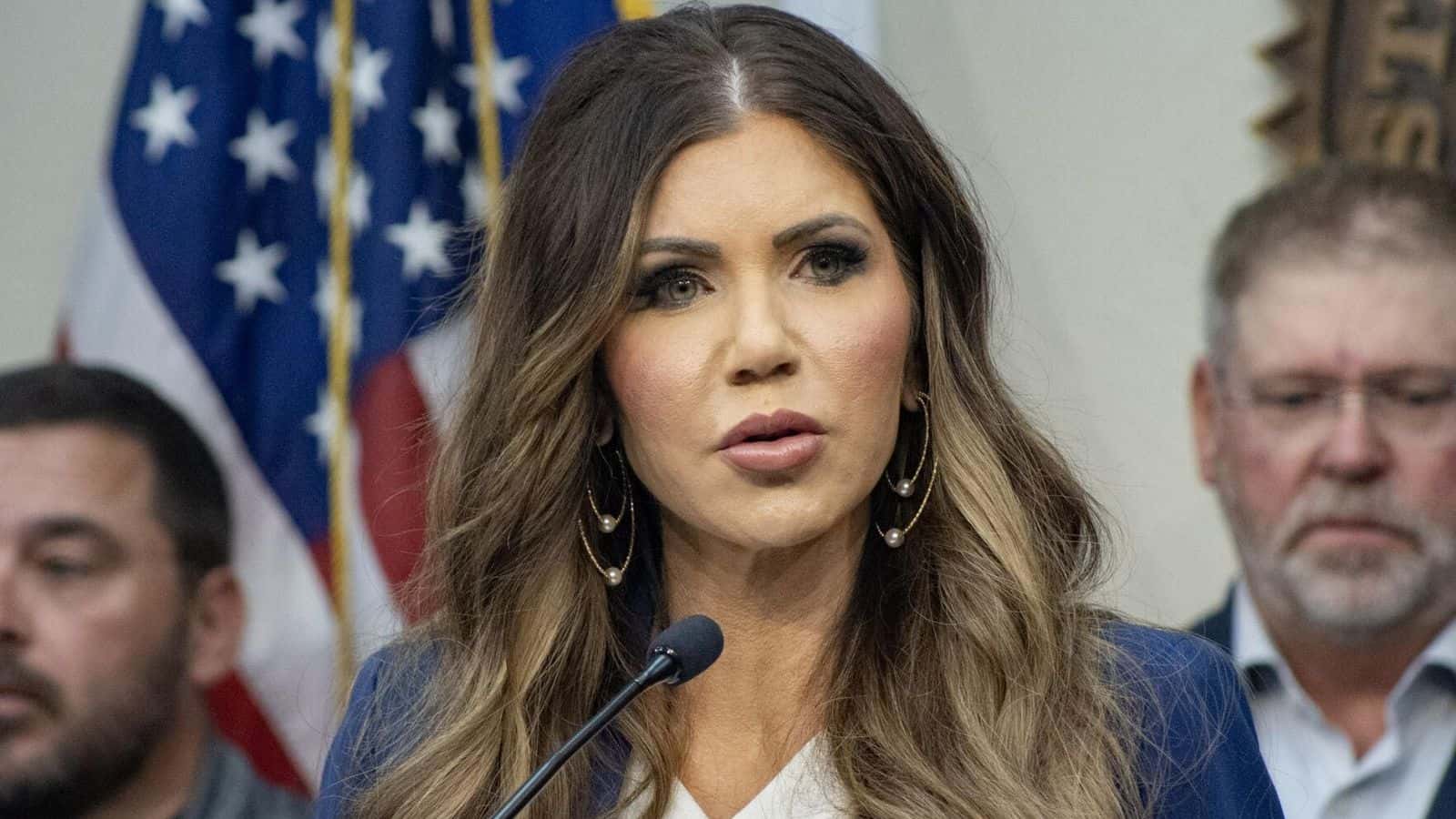 Gov. Kristi Noem speaks on May 17 in Pierre, South Dakota, during a press conference regarding drug cartel presence on tribal land and her being banned from eight reservations. (Amelia Schafer, ICT + Rapid City Journal)