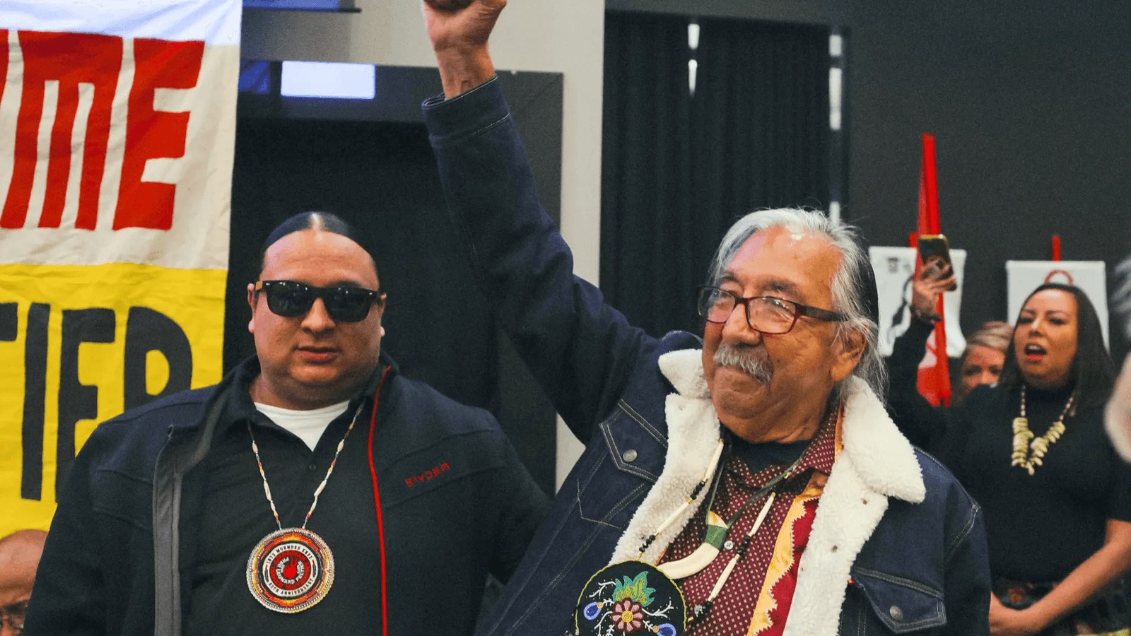 Freed prisoner Leonard Peltier (right) celebrates his Feb. 18, 2025 release with Nick Tilsen, NDN Collective Founder and CEO (left). (Photo Credit: Angel White Eyes, NDN Collective).