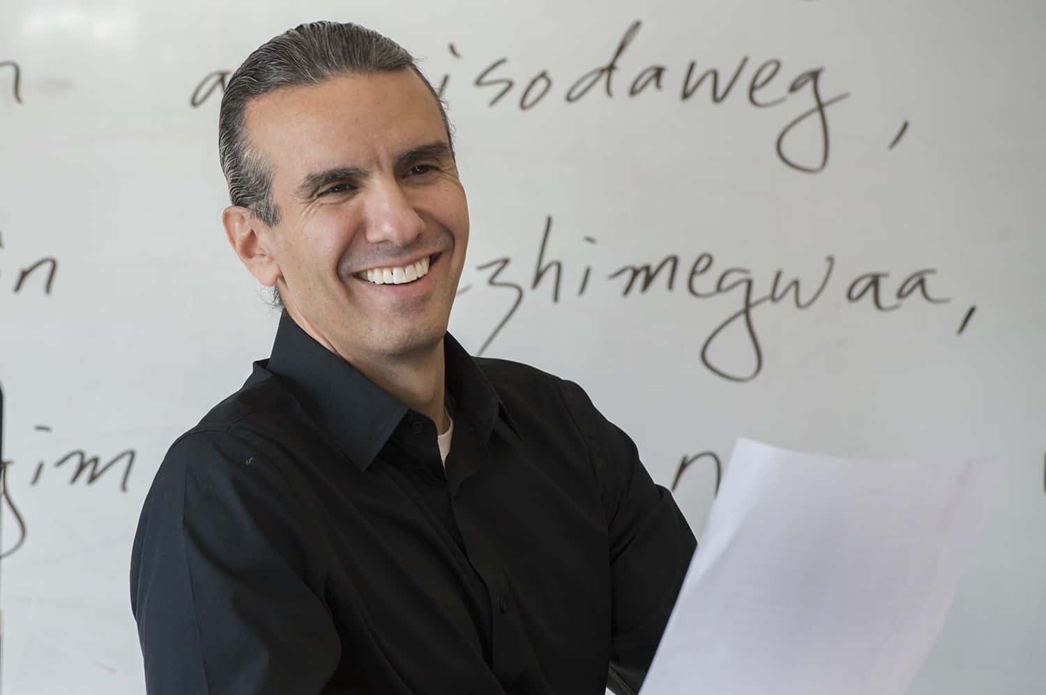 Anton Treuer, an Ojibwe author, speaker and professor, interacts with students while teaching his advanced Ojibwe class at Bemidji State University in Minnesota. Treuer is a leading scholar in preserving and expanding the use of the Ojibwe language. (Photo courtesy of Bemidji State University)

Indian Country Today