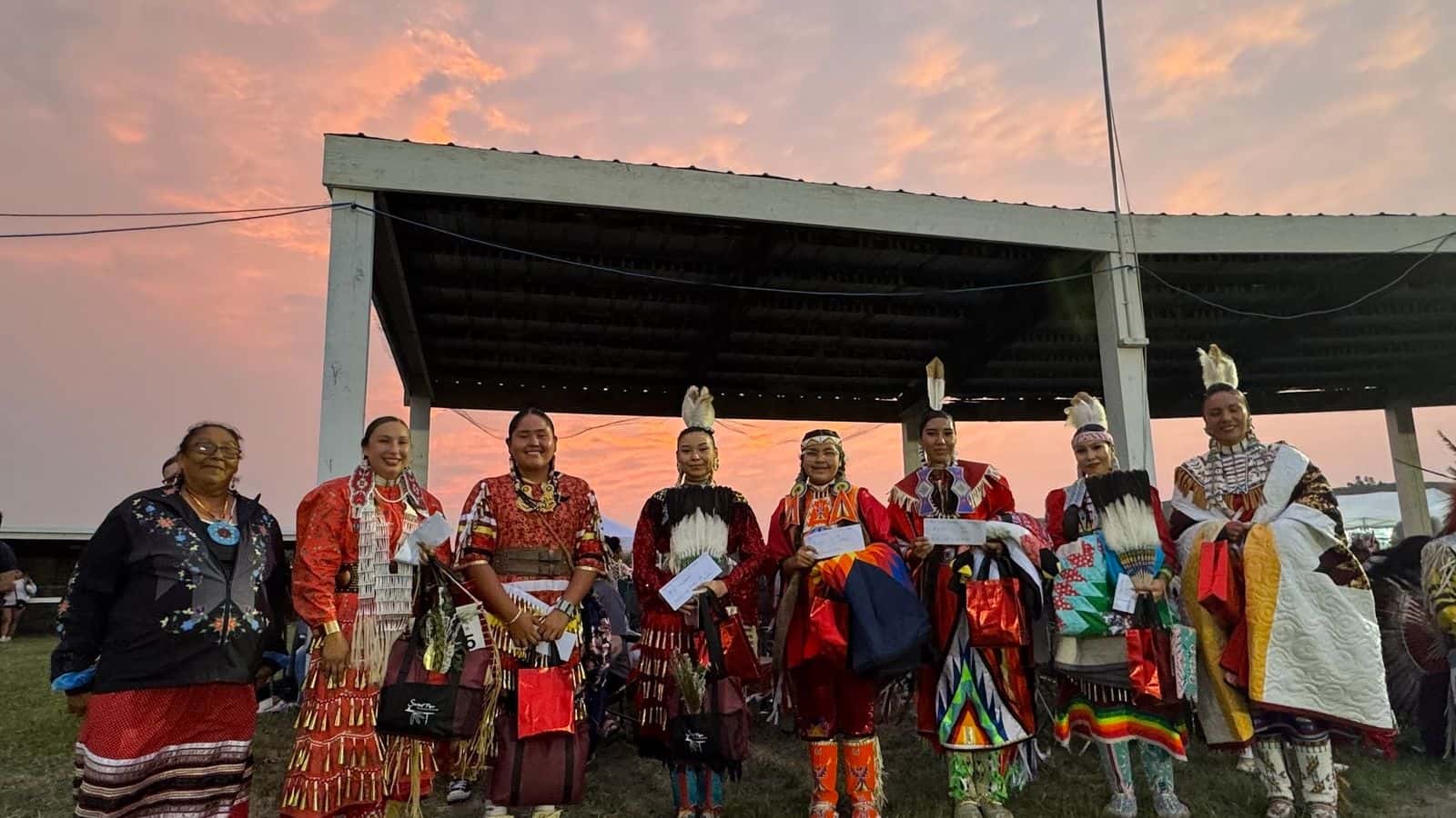 From left: Alva Cottonwood-Gabe; consolation winners Lillian Little Shield, Reagan Dunn, Danika White, and Carlynn Walking Elk; Madison Crow Feather (4th place); Addison Snider (3rd place); Sheyenne Fox (2nd place) and Tanski Clairmont (1st place). (Photo credit: Erin Hoover Barnett) 