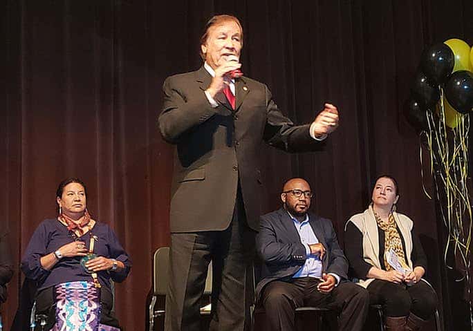 Olympian Billy Mills. Supporters, students, teachers and the gold medal-winning Olympian Billy Mills gathered in Lawrence, Kansas on Friday to celebrate a historic day in honor of Billy Mills Middle School as the only public school to bear the name of a Native American public figure. Photo: Rhonda LeValdo
