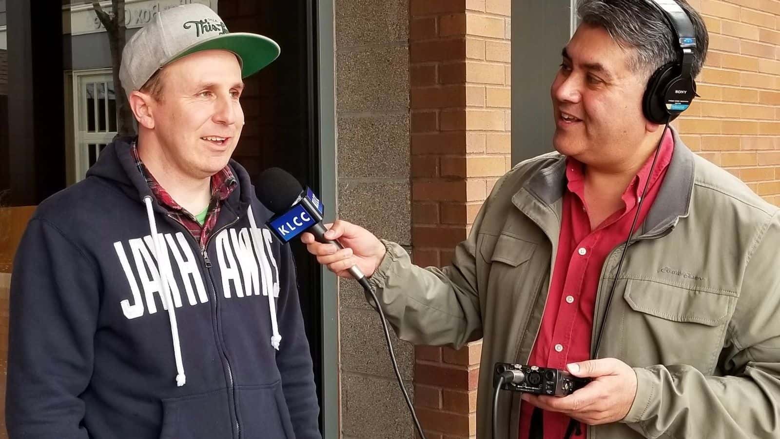 Brian Bull interviews Ryan RedCorn at the Oregon Shakespeare Festival before the premiere of "Between Two Knees" in April 2019. RedCorn wrote the play with fellow members of the sketch comedy troupe the 1491s. (Photo credit: Margaret Bull)