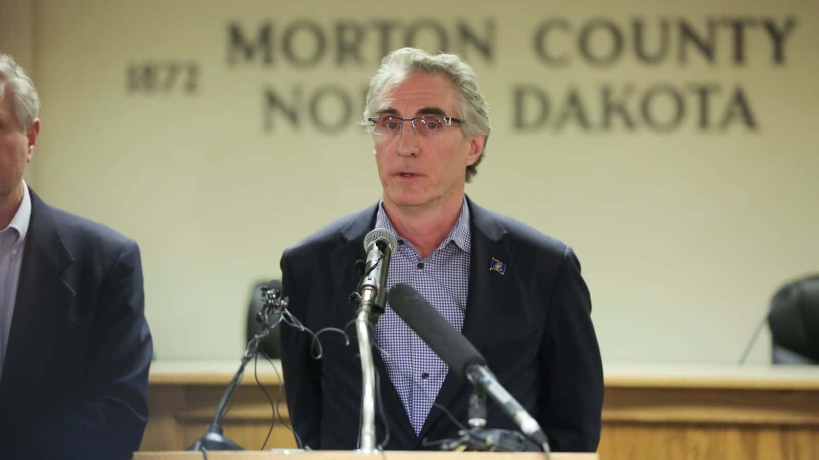 CANNON BALL, ND - FEBRUARY 22:  North Dakota Governor Doug Burgum speaks during a press conference announcing plans for the clean up of the Oceti Sakowin protest camp on February 22, 2017 in Mandan, North Dakota. Protesters and campers against the DAPL pipeline, at times numbering in the thousands, are now down to under a hundred. (Photo by Stephen Yang/Getty Images)