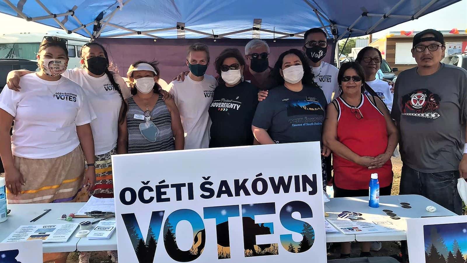 At a powwow on the Crow Creek Sioux Reservation, Native voting rights advocates  promoted participation in redistricting. PHOTO CREDIT/Očéti Šakówiŋ Caucus