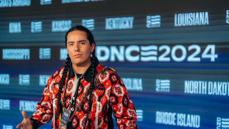 Chante' Reddest, Oglala, Sičangu Lakota, at the 2024 Democratic National Convention. (Photo courtesy of Douglas Nogueira)