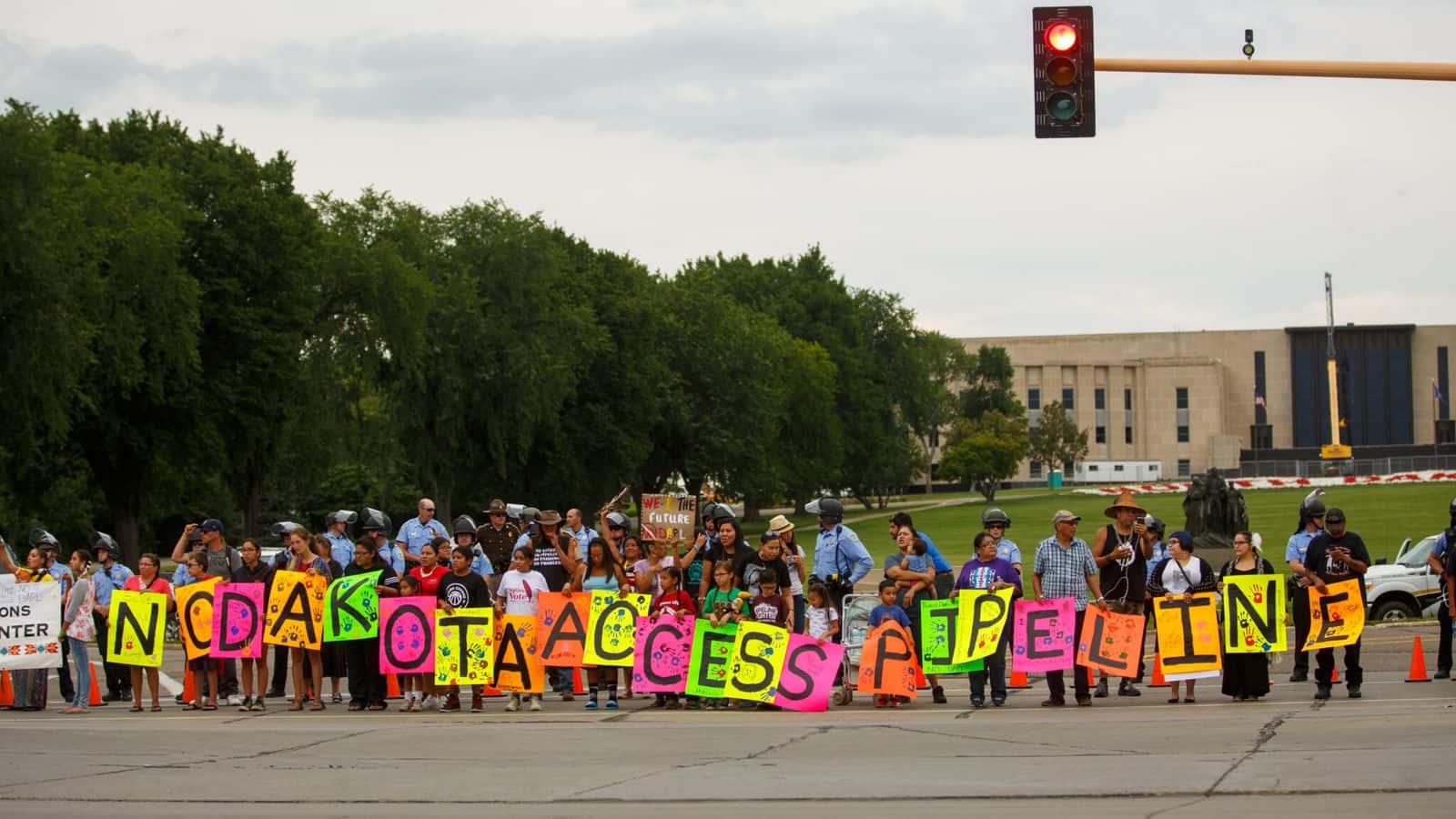  Opponents of the Dakota Access Pipeline demonstrate outside of the North Dakota Capitol in August 2016. A trial brought by pipeline developer Energy Transfer against Greenpeace is underway in Mandan. (Kyle Martin/For the North Dakota Monitor)