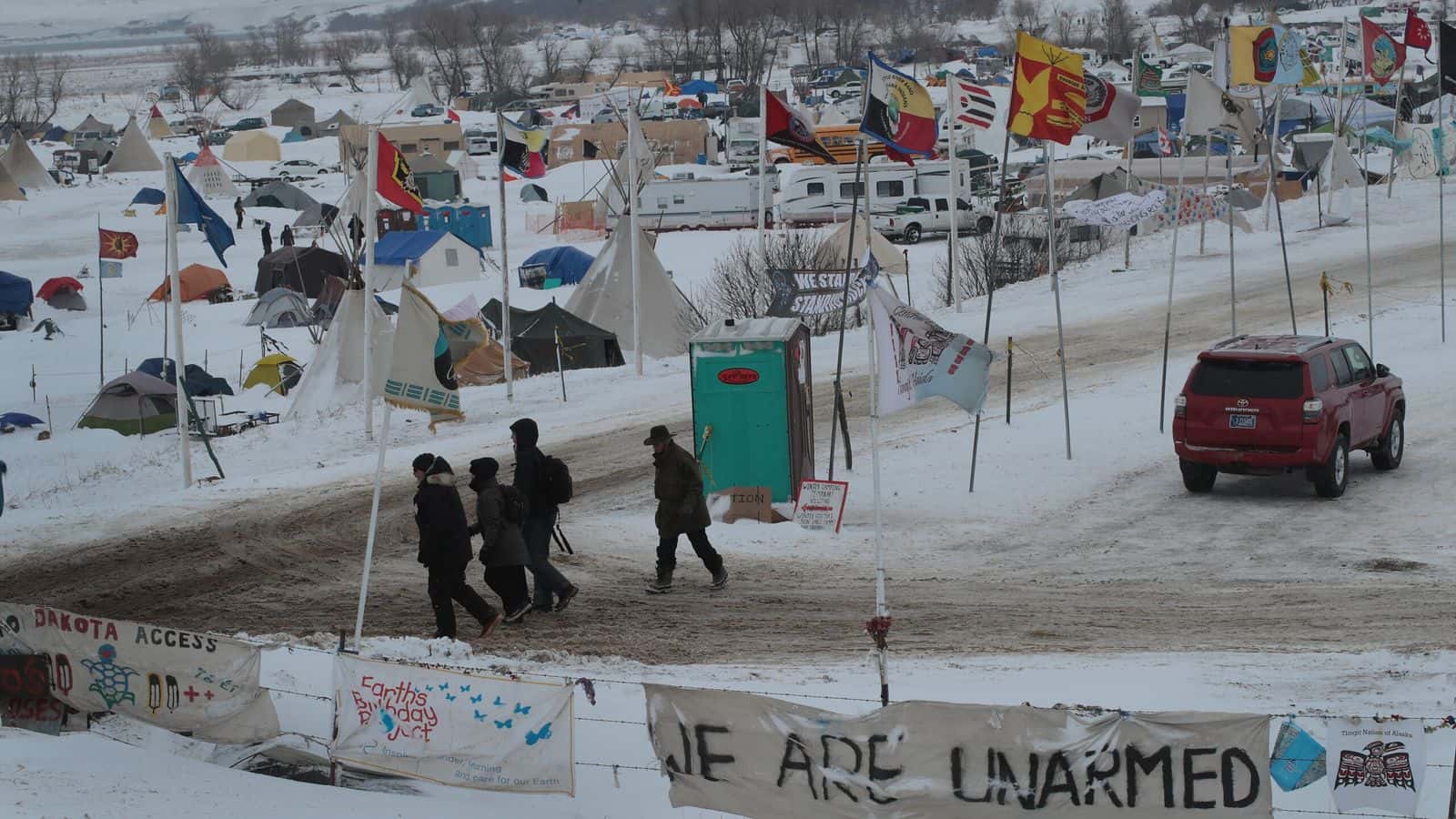 CANNON BALL, ND - NOVEMBER 30:  Snow covers Oceti Sakowin Camp near the Standing Rock Sioux Reservation on November 30, 2016 outside Cannon Ball, North Dakota. Native Americans and activists from around the country have been gathering at the camp for several months trying to halt the construction of the  Dakota Access Pipeline. The proposed 1,172 mile long pipeline would transport oil from the North Dakota Bakken region through South Dakota, Iowa and into Illinois.  (Photo by Scott Olson/Getty Images)