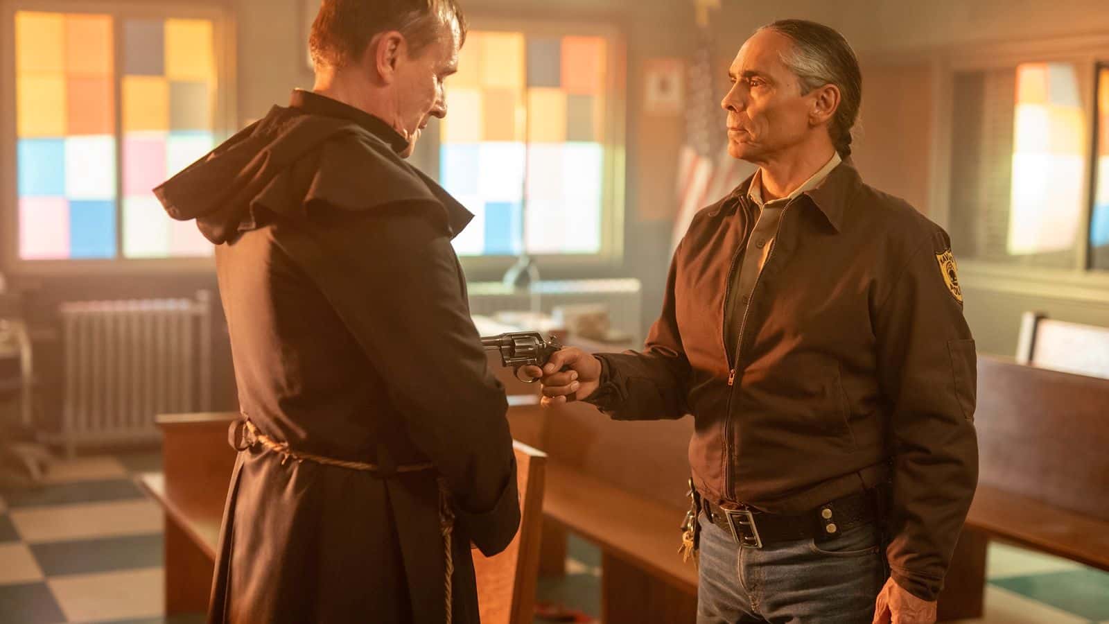 Navajo Police Lt. Joe Leaphorn (Zahn McClarnon) confronts the priest (Robert Knepper) who abused his cousin in the sixth episode of Season 3.