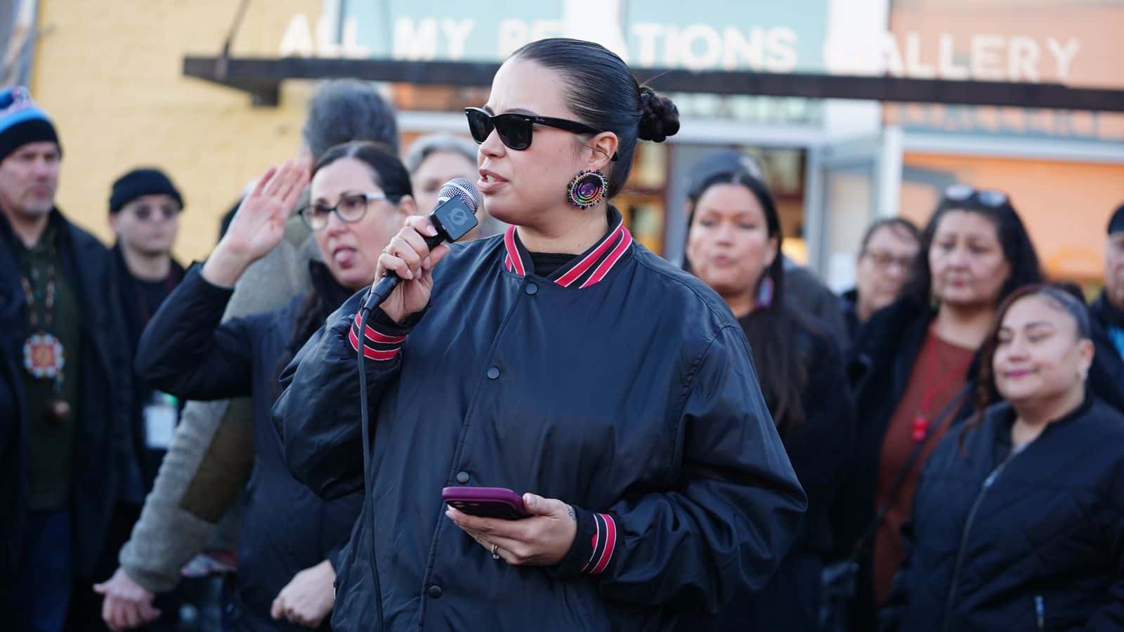 Rachel Thunder-Dionne, vice president of the Indigenous Protector Movement, shared her recent encounter with U.S. Immigration and Customs Enforcement officers at a press conference in Minneapolis, Friday, Jan. 9, 2026. Thunder-Dionne was stopped by ICE in the American Indian Cultural Corridor, directly across the street from where the press conference was held. (Photo credit: Darren Thompson)
