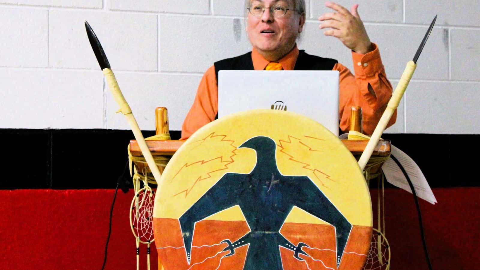 Dakota Wind Goodhouse, a historian and citizen of the Standing Rock Sioux Tribe, will be sharing his knowledge on the cultural significance of the winter solstice in the Great Plains at Native Inc. on Dec. 16. When he’s not instructing classes, he often presents his research, such as on the Sept. 30 Orange Shirt Day event at UTTC. (Photo credit Adrianna Adame)