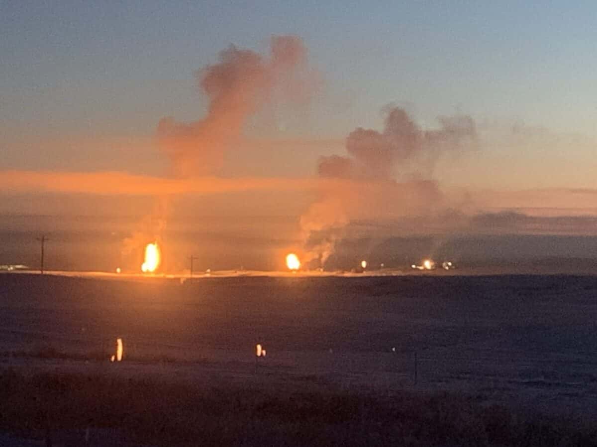 Flares at well pad sites began to dominate the landscape of the Fort Berthold Reservation since the first oil leases were signed in 2007 as seen in this Feb. 8, 2019 photo. The EPA announced July 11 it "will hold corporate polluters like Marathon accountable for violations that put communities and our futures at risk,” said Assistant Administrator David M. Uhlmann of EPA’s Office of Enforcement and Compliance Assurance. (Photo Credit, James Brugh)