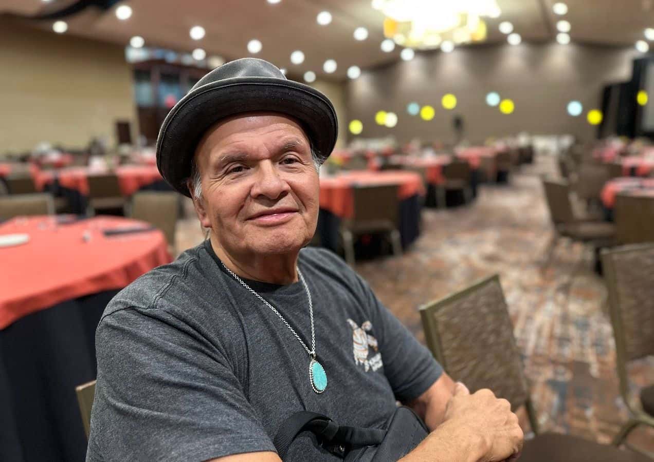 Gary Farmer inside the Isleta Resort & Casino’s grand ballroom before the Indigenous Journalists Association’s closing night in Albuquerque, New Mexico, Aug. 15, 2025. (Photo credit: Brian Bull) 