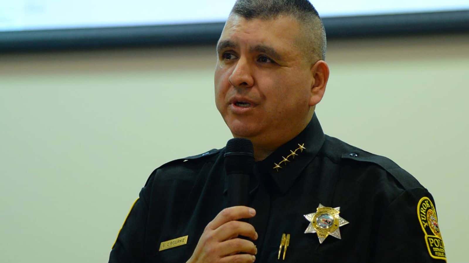 Greg O’Rourke speaks at his swearing in ceremony as Yurok Public Safety Department Chief, at the Yurok Tribal Council Chambers in Klamath, California, Friday, March 1, 2019. (The Yurok Tribe/Matt Mais)