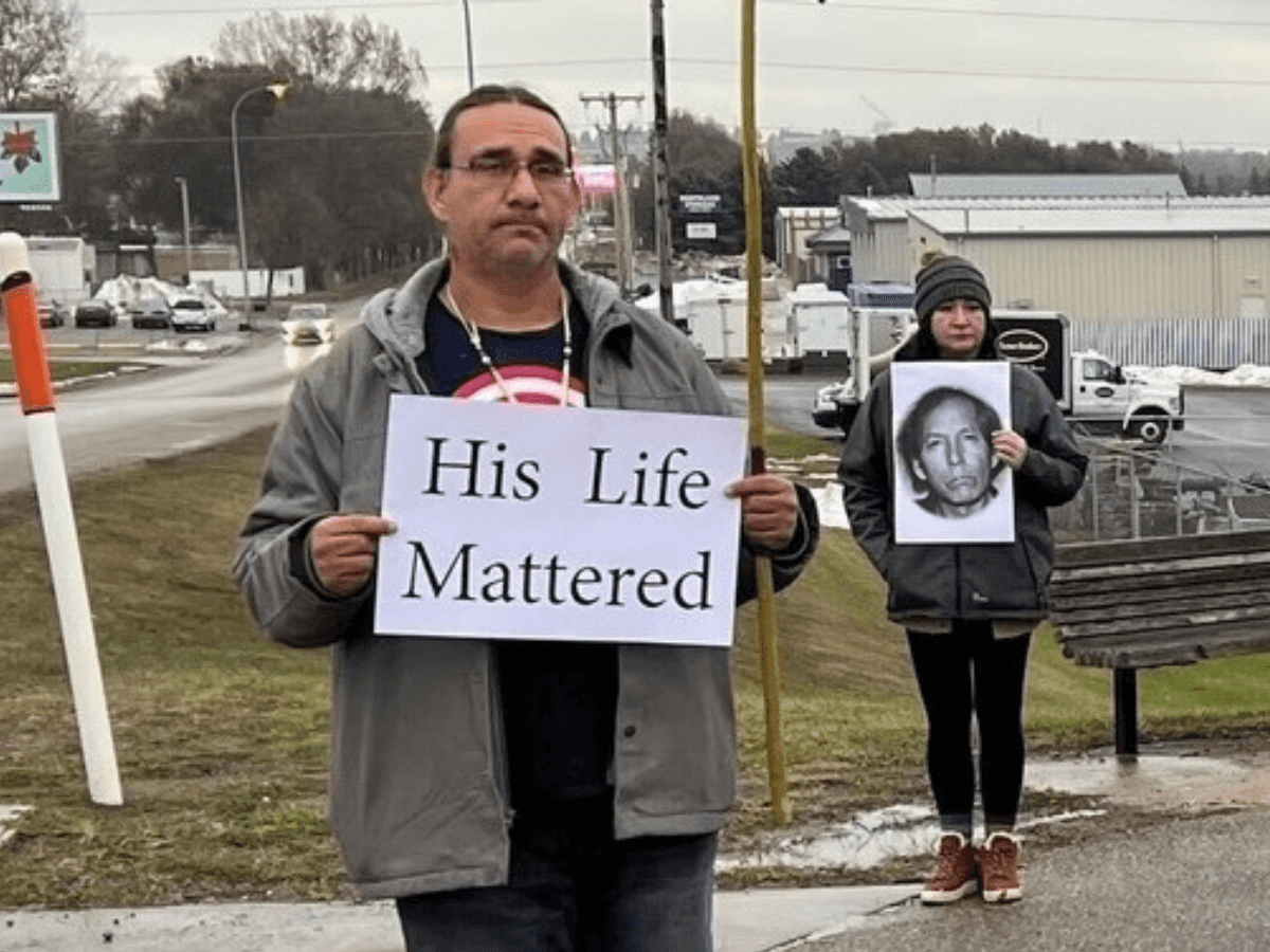 Vigil attendees gather at the site where Kevin Grey Bull’s body was found, Mandan, North Dakota, Sunday, Nov. 5, 2023. (Photo credit: Cheryl Kary)