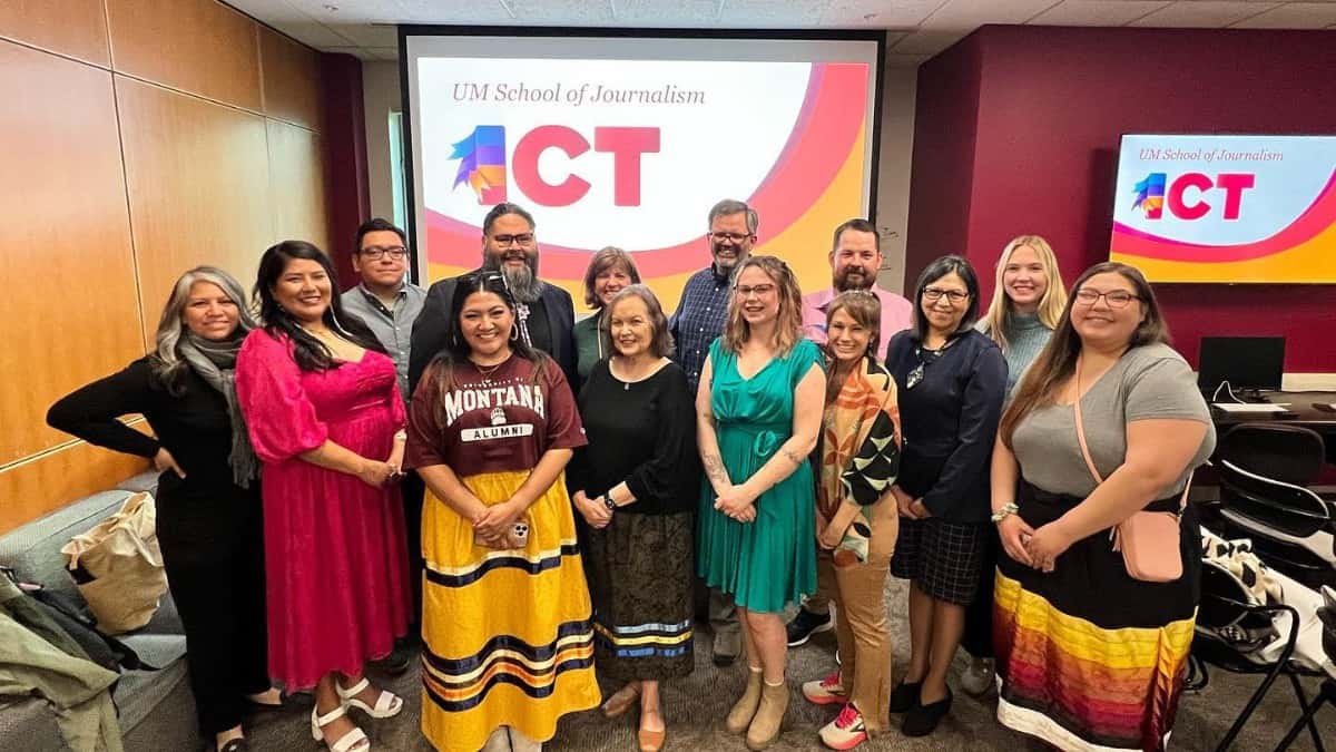 ICT and University of Montana staff and representatives pose for a photo at the opening reception for ICT's new mountain bureau at the university’s School of Journalism in Missoula on April 25, 2023. Credit: Courtesy ICT