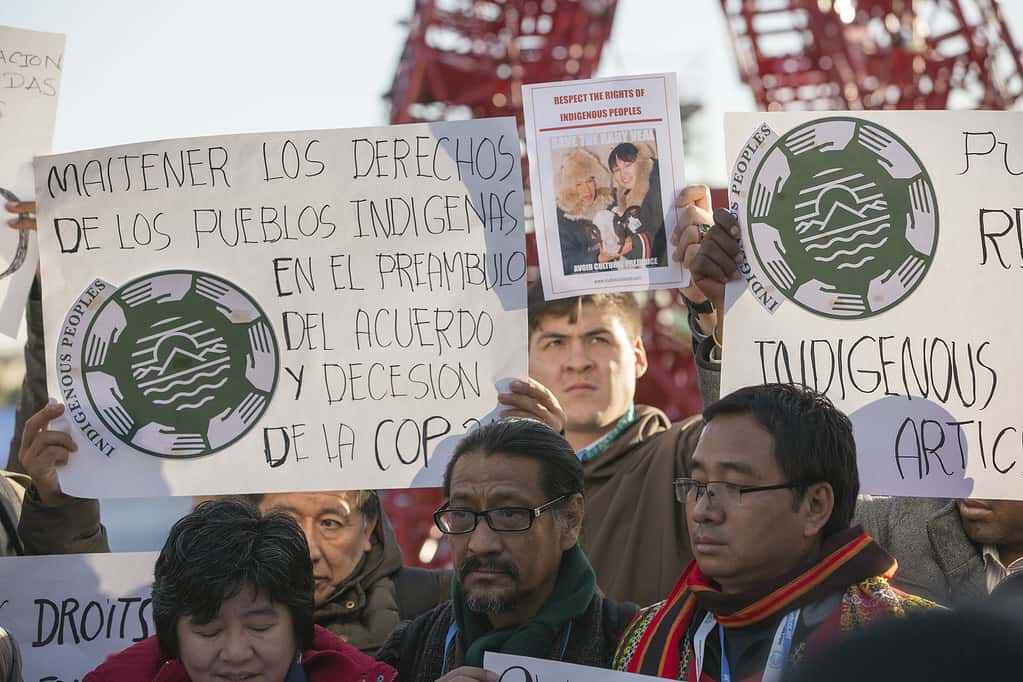International Indian Treaty Council delegates march at the Paris Climate Change Conference in November 2015. (Photo credit/United Nations Framework Convention on Climate Change - Creative Commons license)