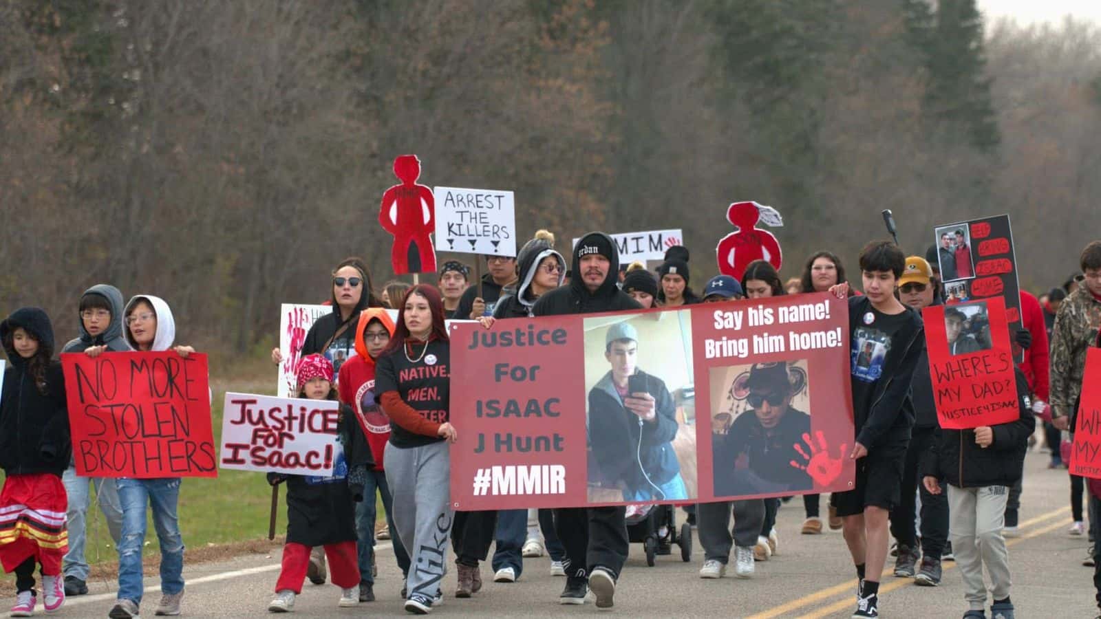 Spirit Lake community calls for justice for Isaac Hunt during organized MMIR walk, Spirit Lake, North Dakota, Sunday, Nov. 3, 2024. (Photo credit: Russell Keys)