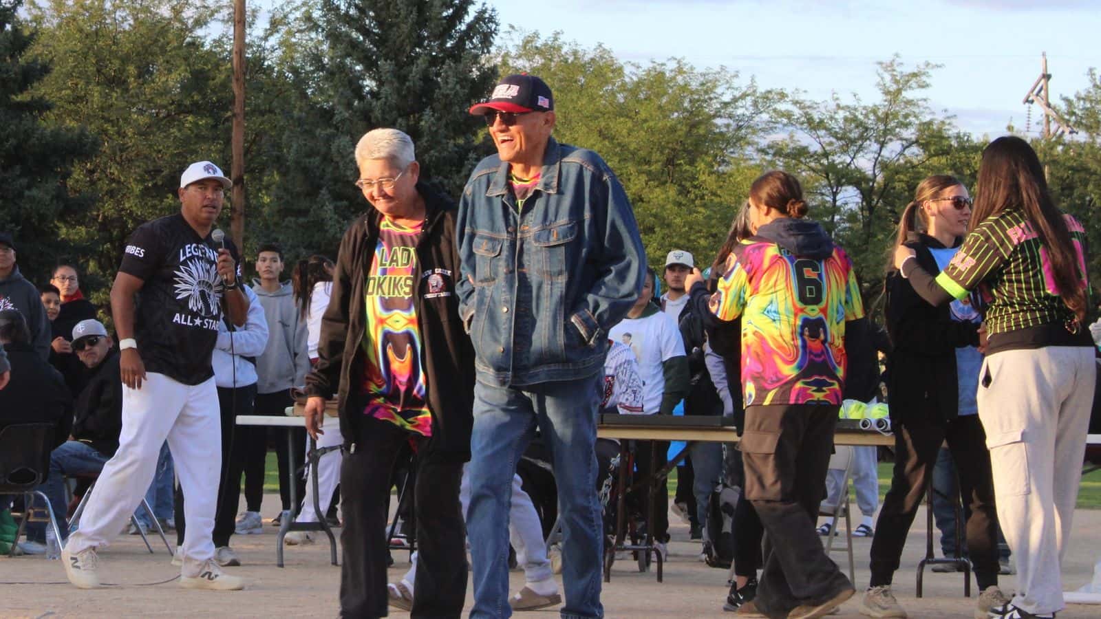 Pam and Jim Fallis, Hunkpati Oyate, walk arm in arm to accept Lady Wokiksuye’s induction into the Hall of Fame, Bismarck, North Dakota, Sept. 5, 2025. (Buffalo's Fire Photo/Gabrielle Nelson)