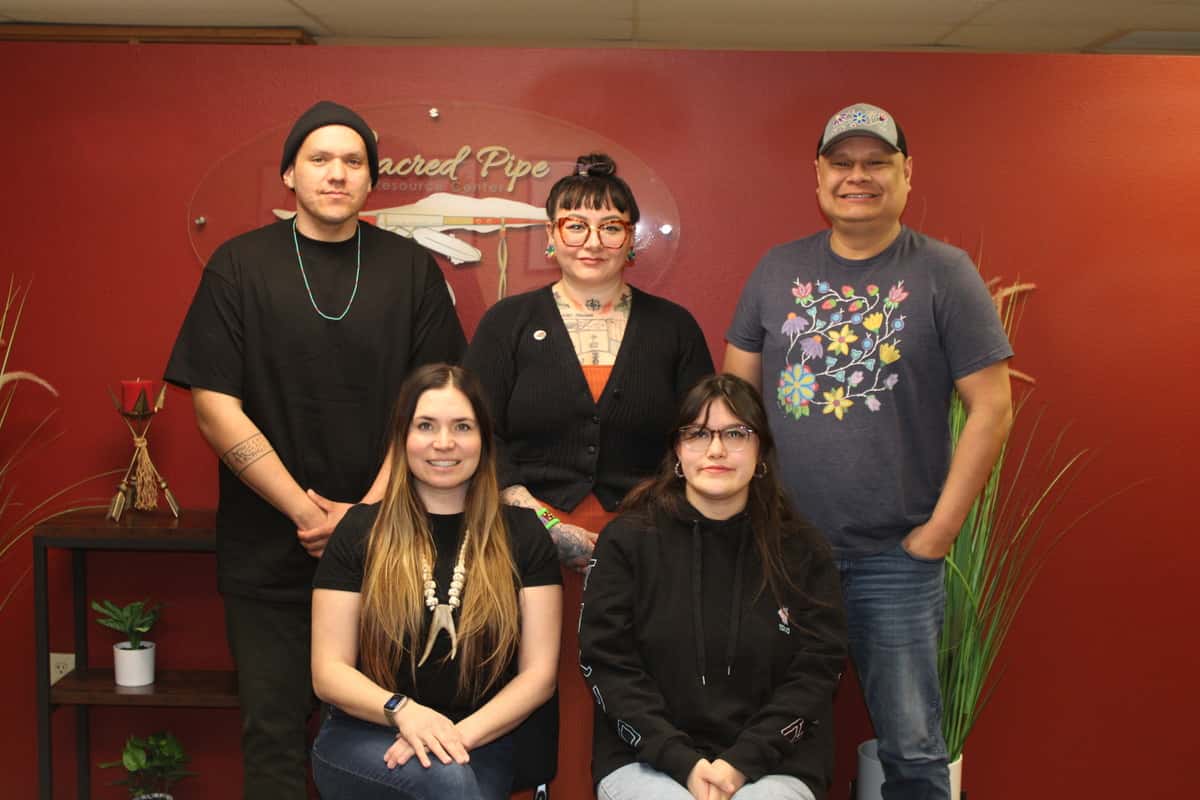  Indigenous Artists Growth and Development fellows Bill Brien, Maria Cree, Stewart James, Frankie Morin and Melanie Schwab met during their first in-person gathering on March 1. (Photo credit/ Adrianna Adame)
