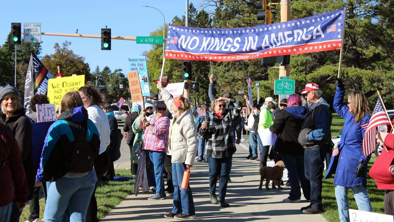 Thousands protested with signs and flags in front of the North Dakota State Capitol along E. Boulevard Ave for the “No Kings” rally on Saturday, Oct. 18, 2025, Bismarck, North Dakota. (Buffalo’s Fire/Gabrielle Nelson)