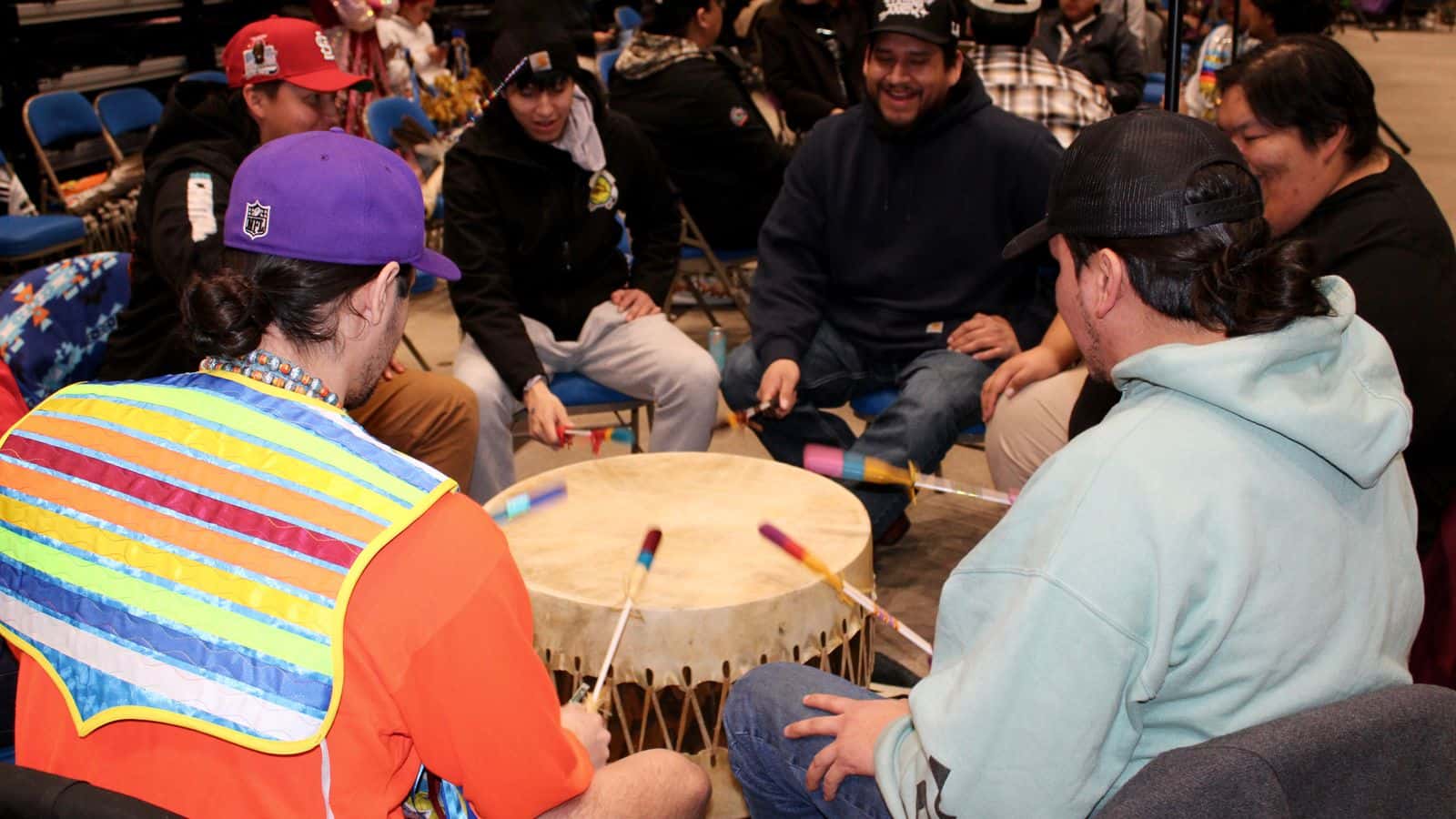 Drum group Ho Chunk Station kicks off the first grand entry, Bismarck Event Center, North Dakota