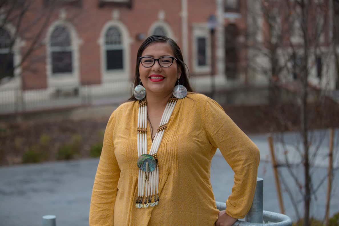 “As I grew older, I had the realization that we are landlocked people but we have this relationship with shells that come from the ocean.” –Dentalium artist Tipiziwin Tolman. Photo Credit: Washington State University College of Education