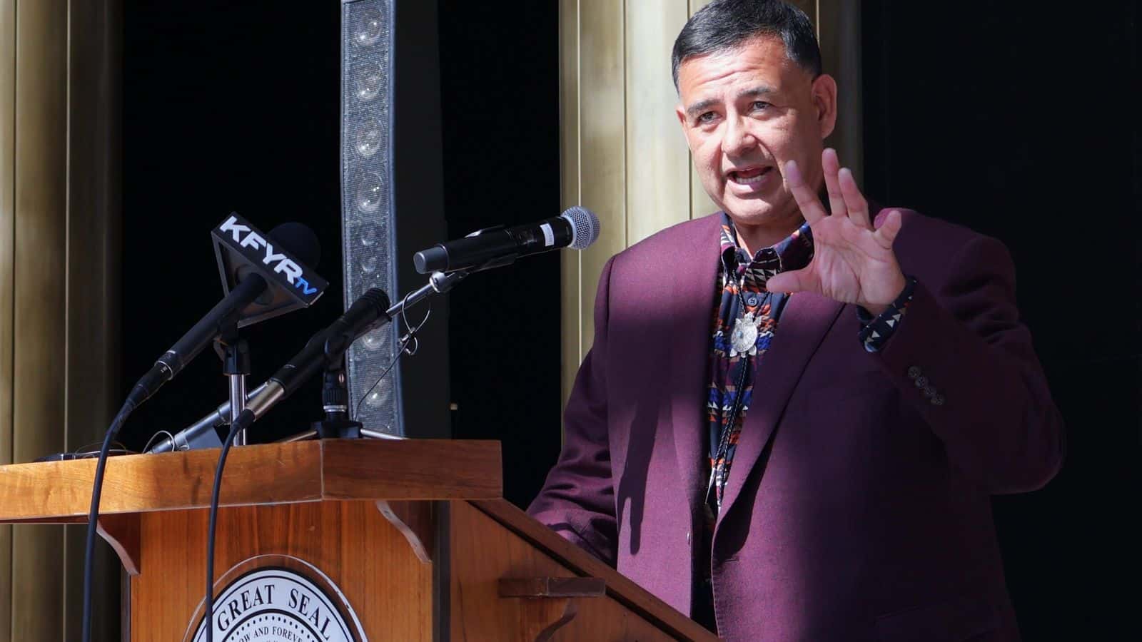  Mandan, Hidatsa and Arikara Nation Chair Mark Fox speaks during an event at the Capitol on March 22, 2024. On Tuesday, Fox said he's "extremely disappointed" with a change of position North Dakota is taking in a court case involving Fort Berthold. (Michael Achterling/North Dakota Monitor)