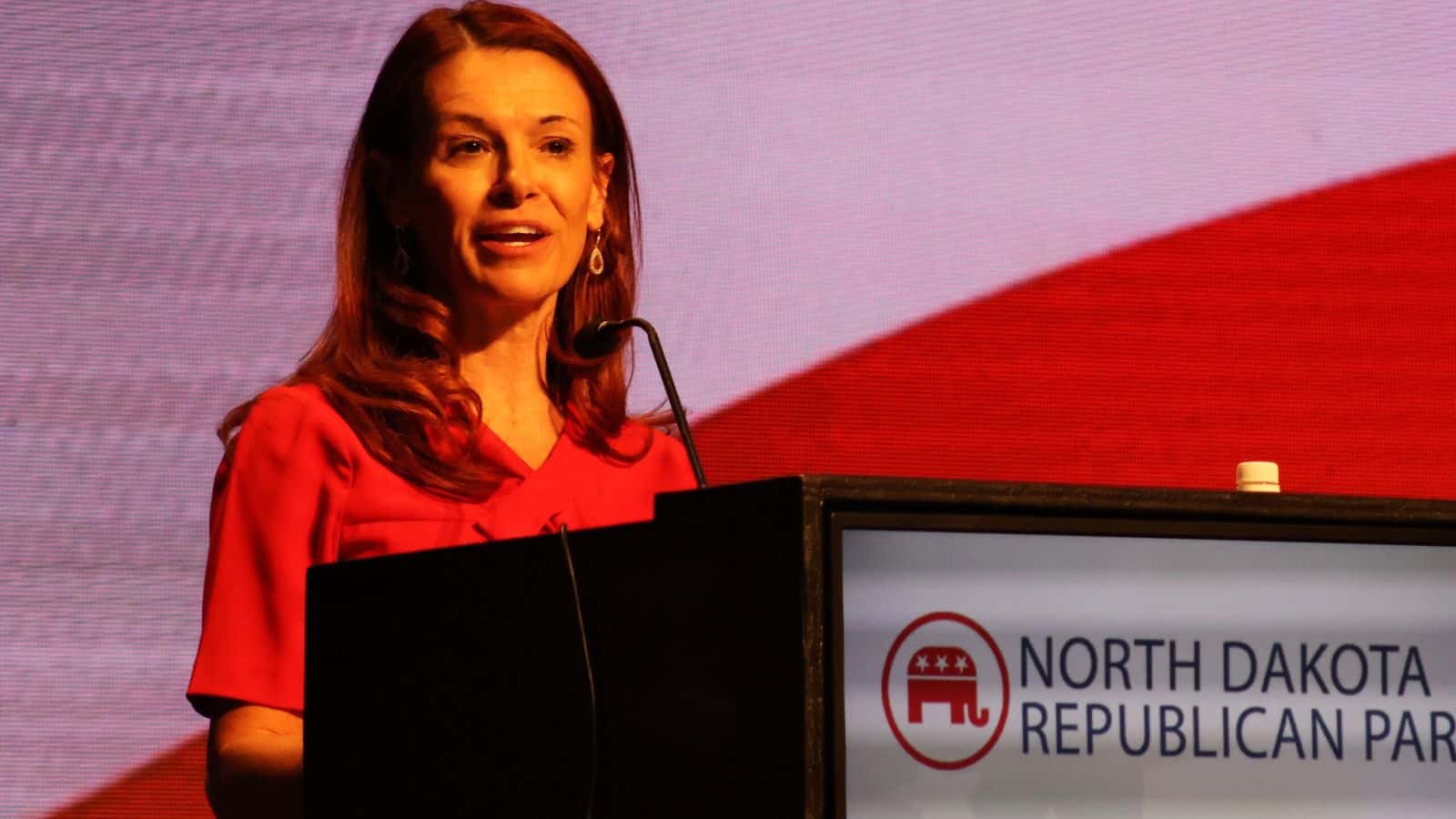  Kirsten Baesler speaks to delegates during the 2024 NDGOP Convention at the Sanford Athletic Complex in Fargo on April 5, 2024. Baesler is running for reelection as the state’s superintendent. (Michael Achterling/North Dakota Monitor)