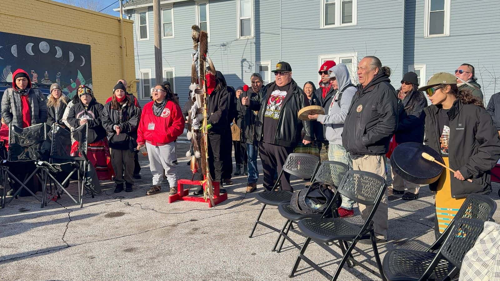Crow Bellecourt leads the American Indian Movement Song at the conclusion of the prayer event at Pow Wow Grounds, Minneapolis, Sunday, Jan. 11, 2026. The event was organized by NDN Collective, Many Shields Society and AIM's Grand Governing Council. (Photo credit: Darren Thompson)