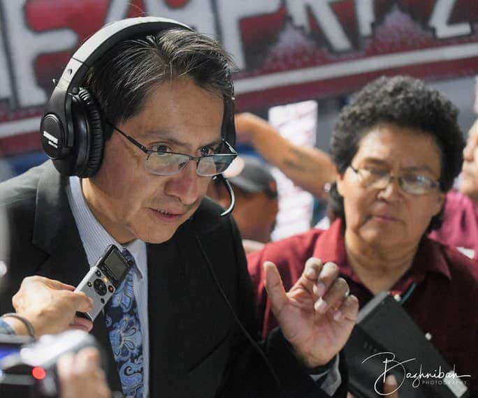 Jonathan Nez, current vice president, speaks with a local radio station after the unofficial results rolled in at Window Rock, Arizona. (Photo by Ruth Bazhnibah Kawano)