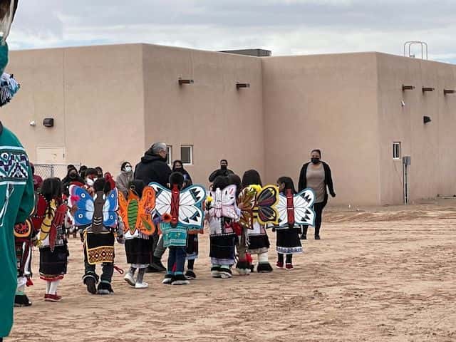 Children from the Pueblo of Jemez's Early Childhood Program performing the butterfly dance on March 17. (Photo by Kalle Benallie, Indian Country Today)