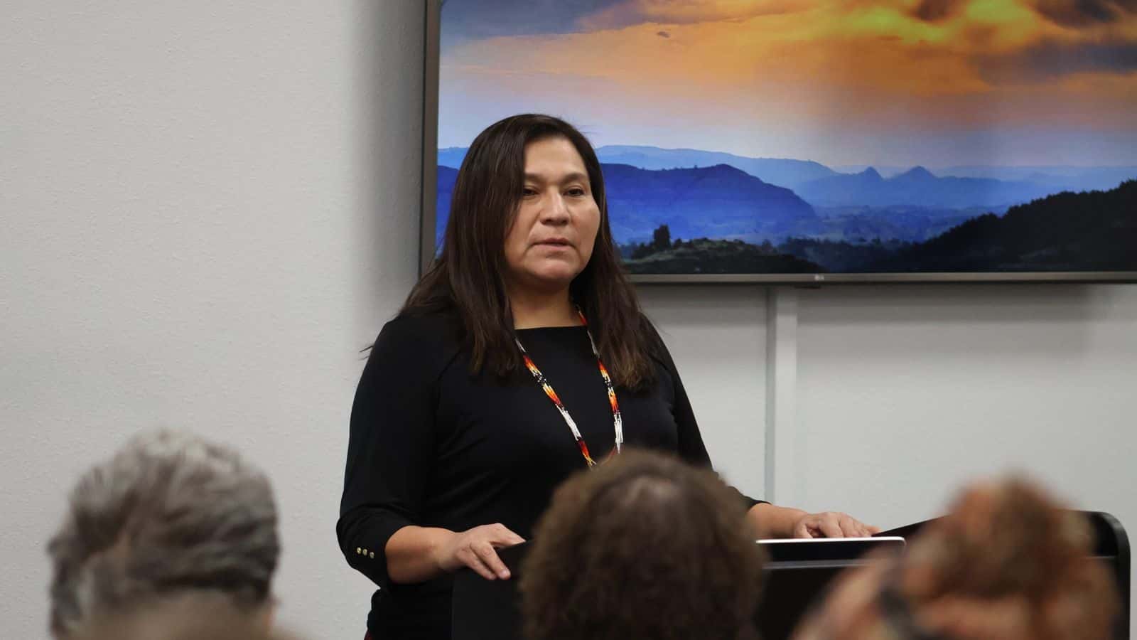  North Dakota Rep. Lisa Finley-DeVille, D-Mandaree, speaks during a news conference Nov. 22, 2024, in Bismarck. The U.S. Supreme Court upheld legislative subdistricts in North Dakota, including one she represents. (Mary Steurer/North Dakota Monitor)