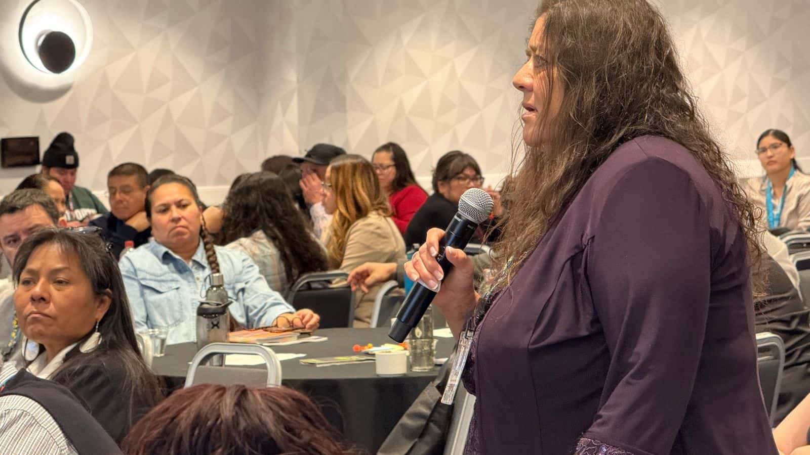 Lorraine Gouge, citizen of the Lac Courte Oreilles Band of Lake Superior Chippewa Indians and
retention director at the Lac Courte Oreilles Ojibwe University, raised a concern during a panel
at the 2025 American Indian Higher Education Consortium Legislative Summit on February 4,
2025 in Washington, D.C. (Jourdan Bennett-Begaye, ICT)